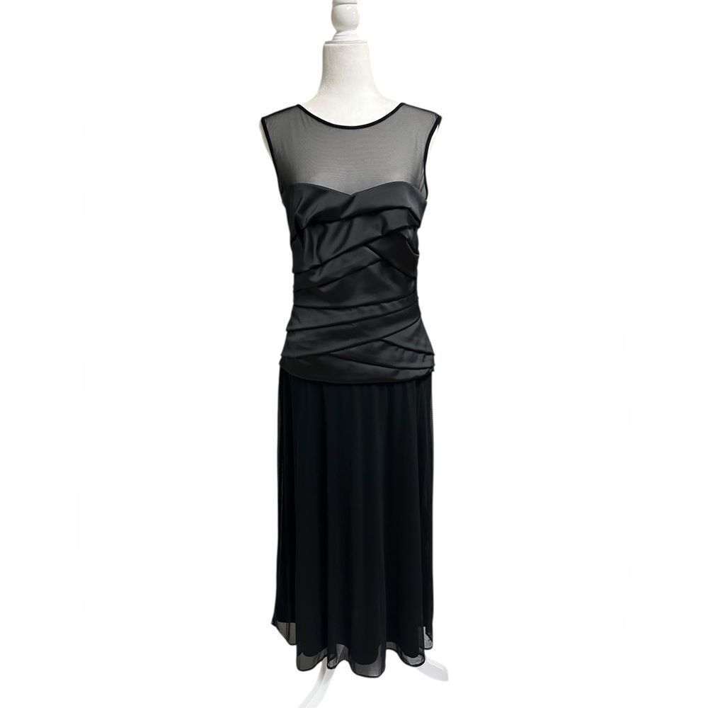 Tadashi Black Evening Gown Pleated Waist Mesh Sleeveless Size 8